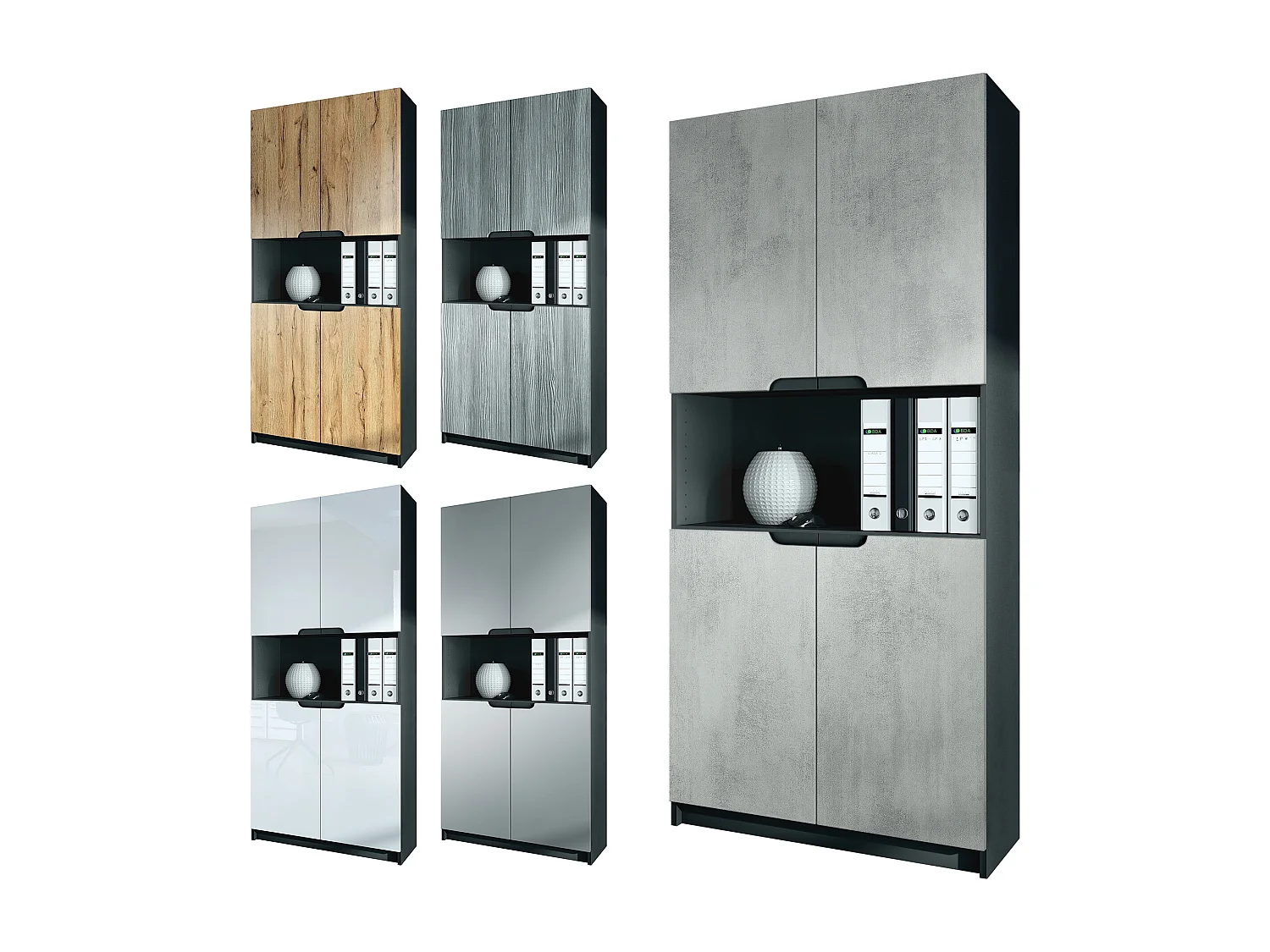 Étagère de bureau Logan V2, Armoire de rangement avec 5 compartiments et 4 portes, noir mat/aspect béton oxyde (82 x 184 x 37 cm)