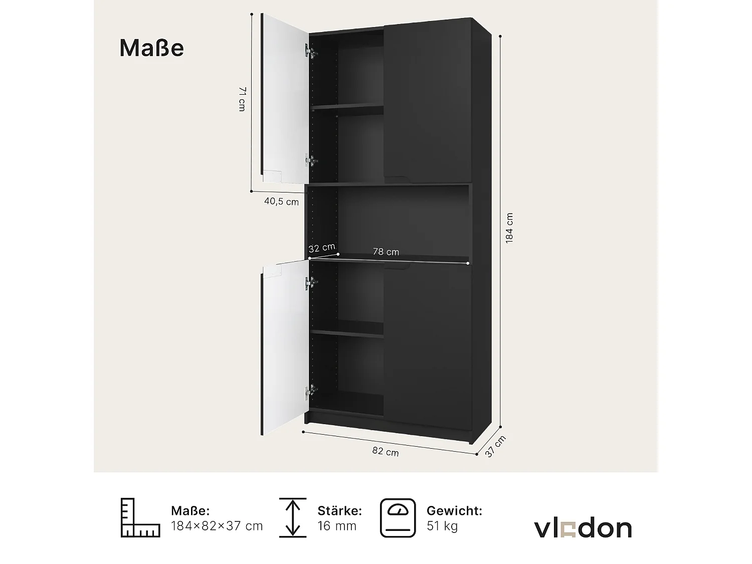Étagère de bureau Logan V2, Armoire de rangement avec 5 compartiments et 4 portes, noir mat/aspect béton oxyde (82 x 184 x 37 cm)