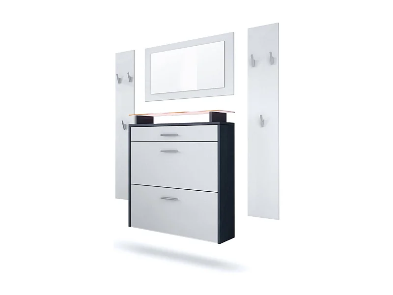 Malea Hallway Storage Set, Set da corridoio con 1 scarpiera a muro, 1 specchio a muro e 2 pannelli appendiabiti, antracite/bianco opaco