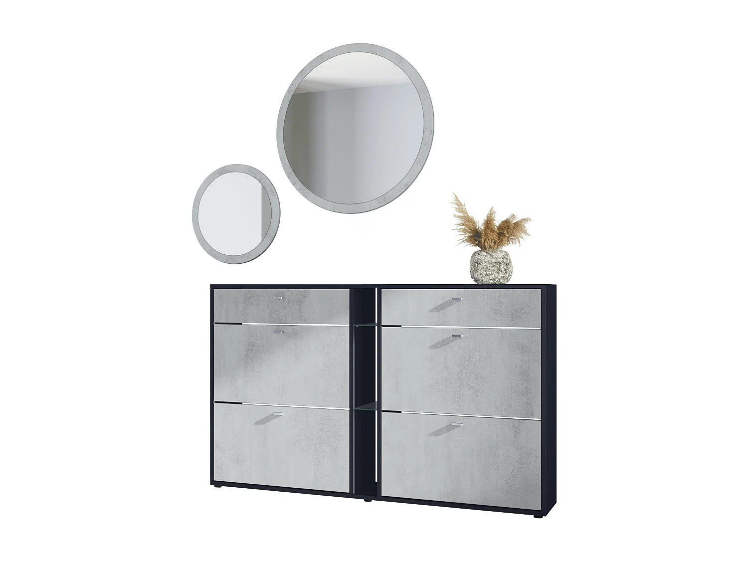 Ensemble de vestiaire Florence avec armoire à chaussures et 2 miroirs muraux, Fabriqué en ALLEMAGNE, noir mat/aspect béton oxyde
