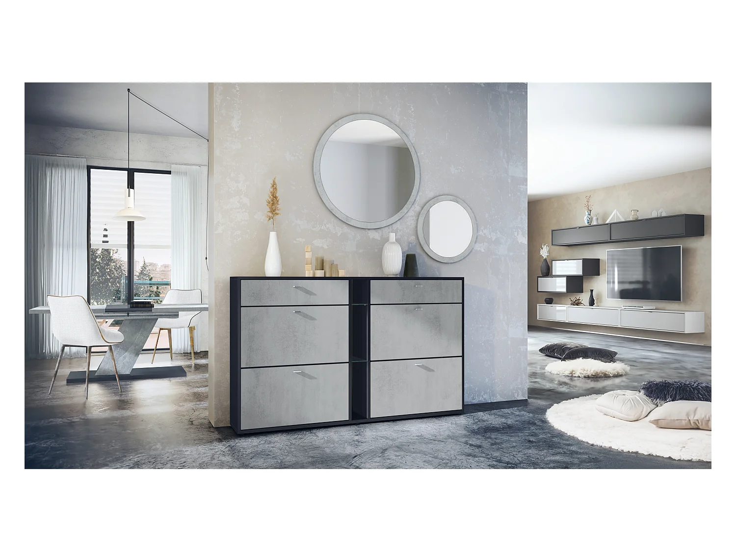 Ensemble de vestiaire Florence avec armoire à chaussures et 2 miroirs muraux, Fabriqué en ALLEMAGNE, noir mat/aspect béton oxyde