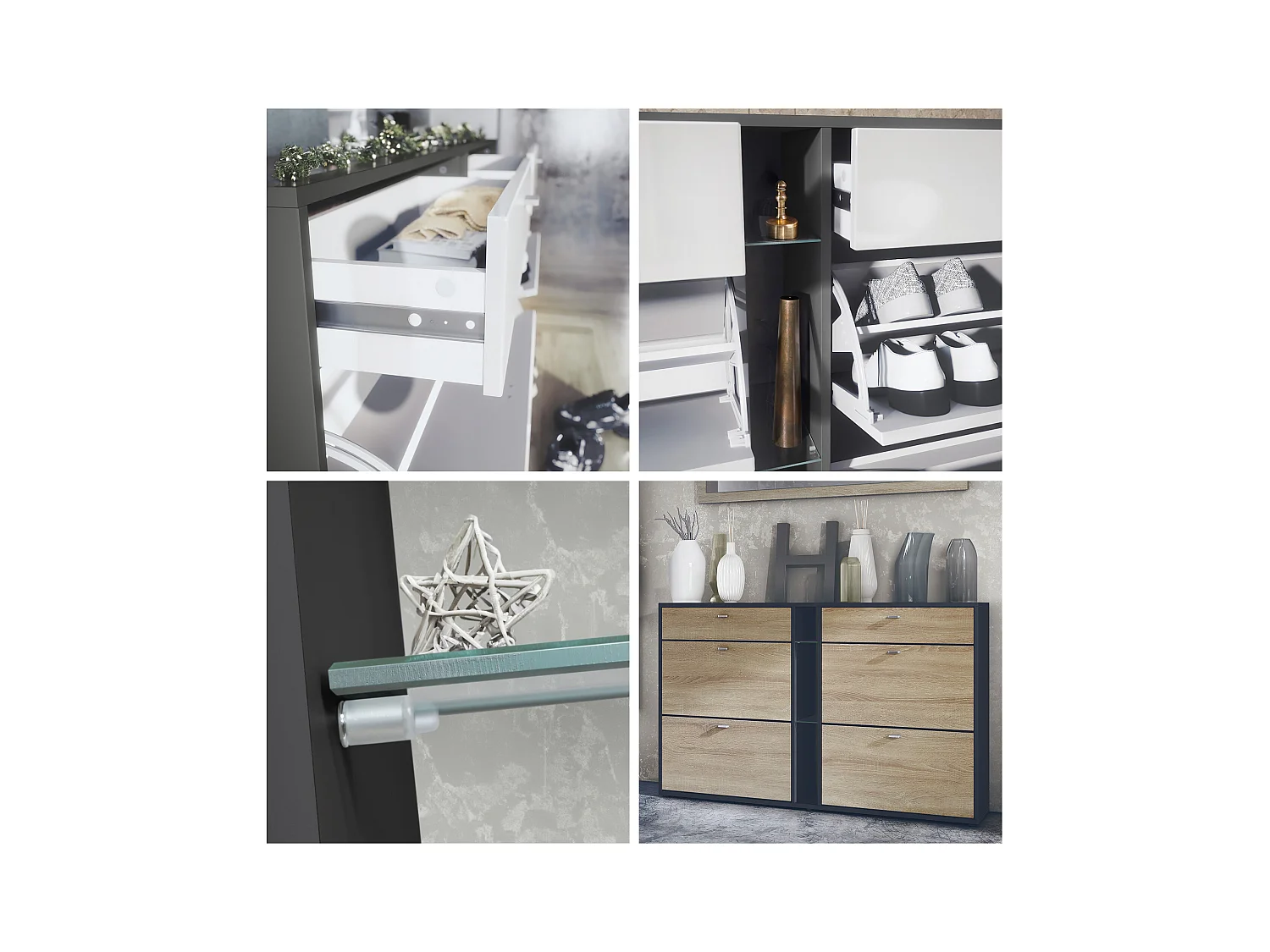 Ensemble de vestiaire Florence avec armoire à chaussures et 2 miroirs muraux, Fabriqué en ALLEMAGNE, noir mat/aspect béton oxyde