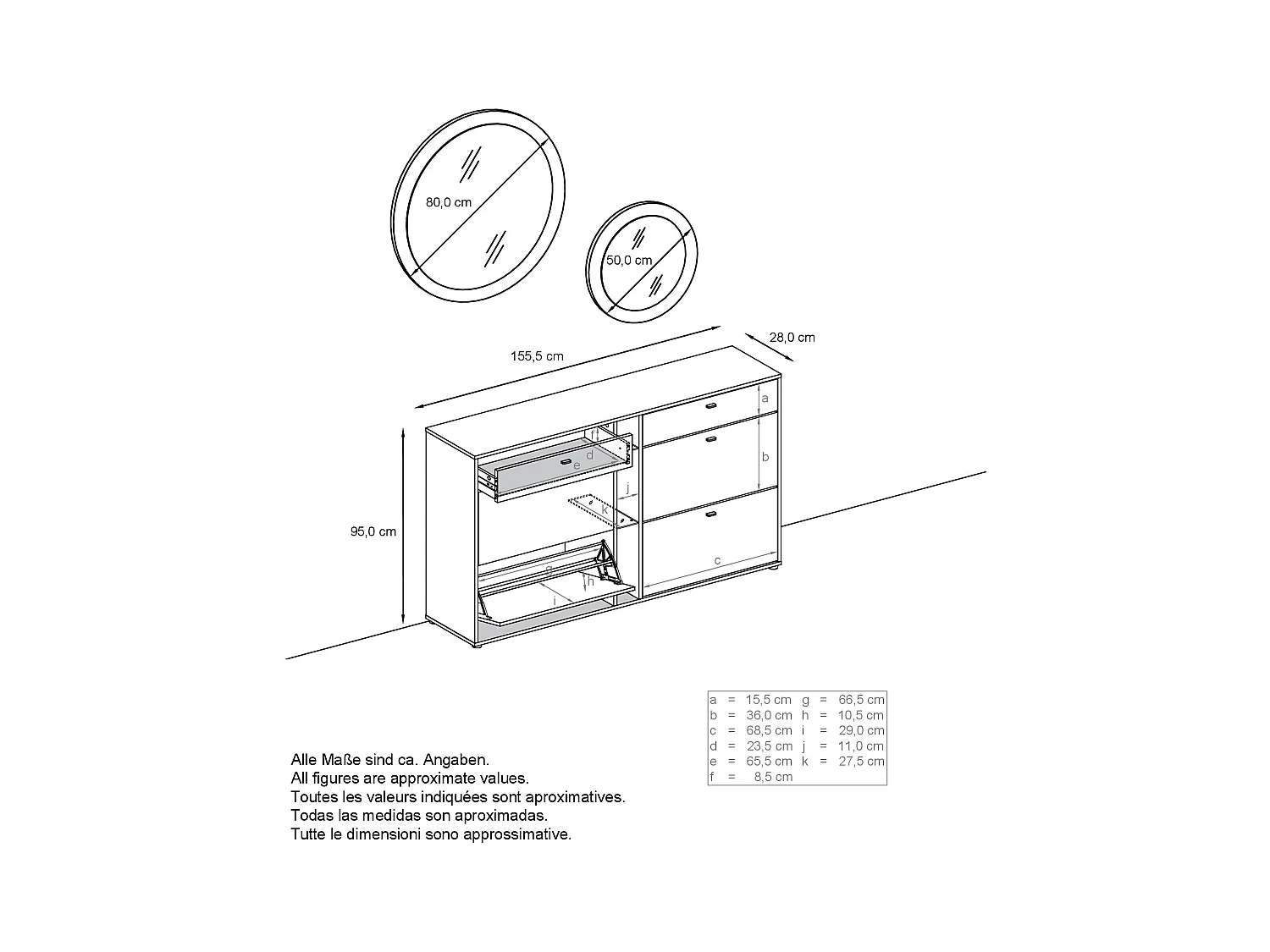 Ensemble de vestiaire Florence avec armoire à chaussures et 2 miroirs muraux, Fabriqué en ALLEMAGNE, noir mat/aspect béton oxyde