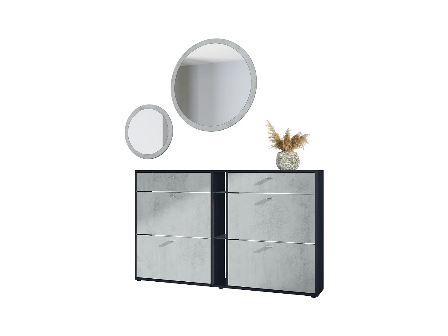 Ensemble de vestiaire Florence avec armoire à chaussures et 2 miroirs muraux, Fabriqué en ALLEMAGNE, noir mat/aspect béton oxyde