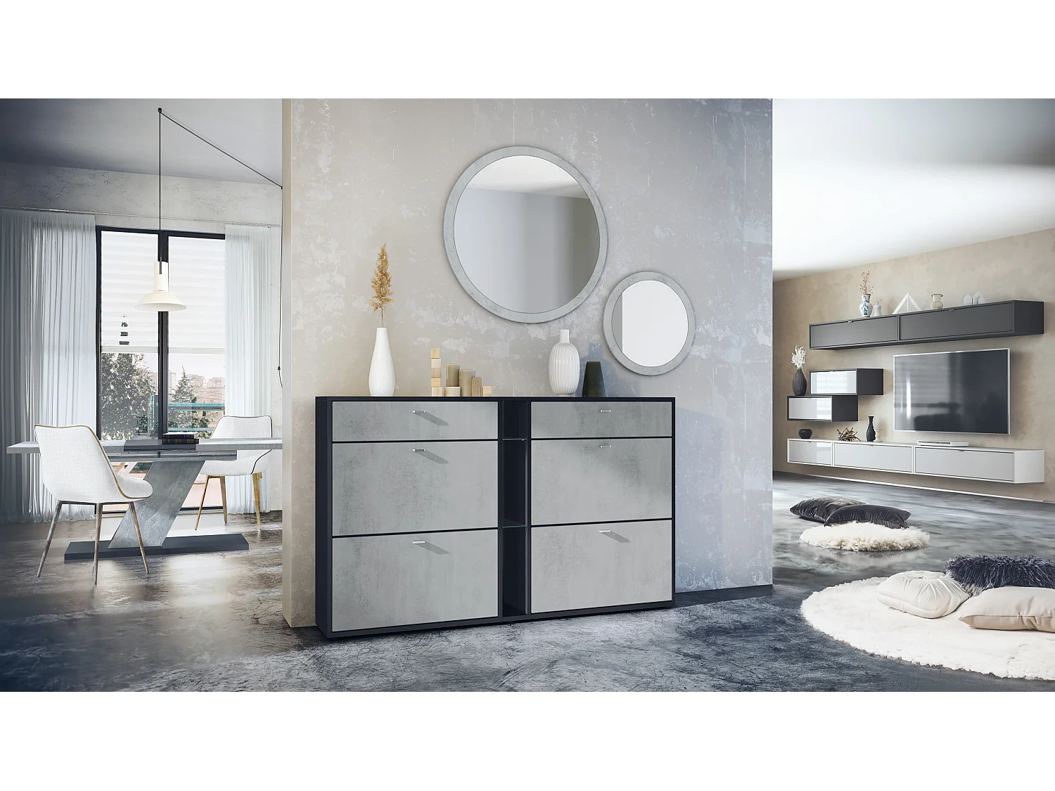 Ensemble de vestiaire Florence avec armoire à chaussures et 2 miroirs muraux, Fabriqué en ALLEMAGNE, noir mat/aspect béton oxyde