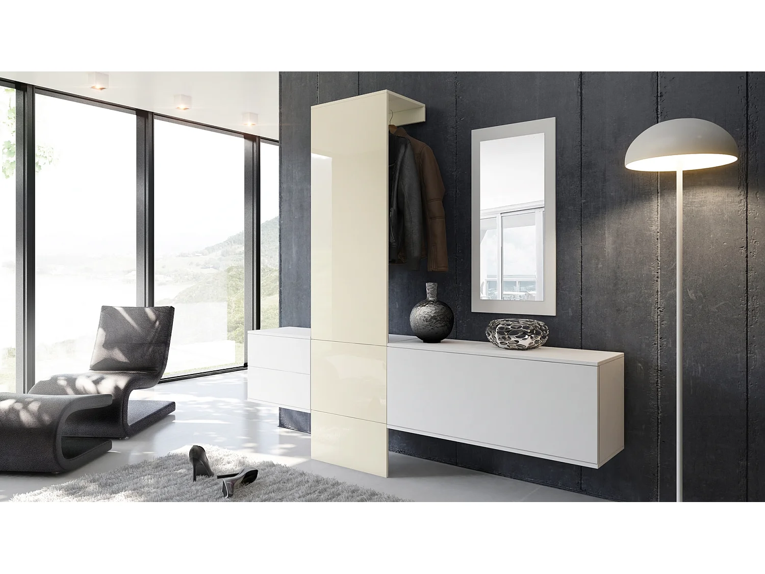 Vestiaire Garderobe Carlton Set 1, Corps en Blanc mat / Panneau portemanteau en crème haute brillance