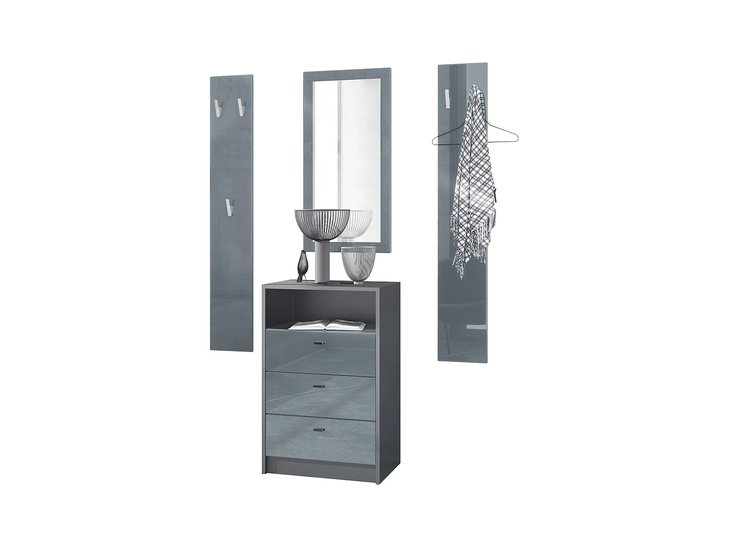 Ensemble de vestiaires Pino V2, 2 Panneaux muraux 140 cm et buffet avec 2 tiroirs & 1 compartiment ouvert, anthracite mat/gris brillant (56 x 67,5 x 36 cm)