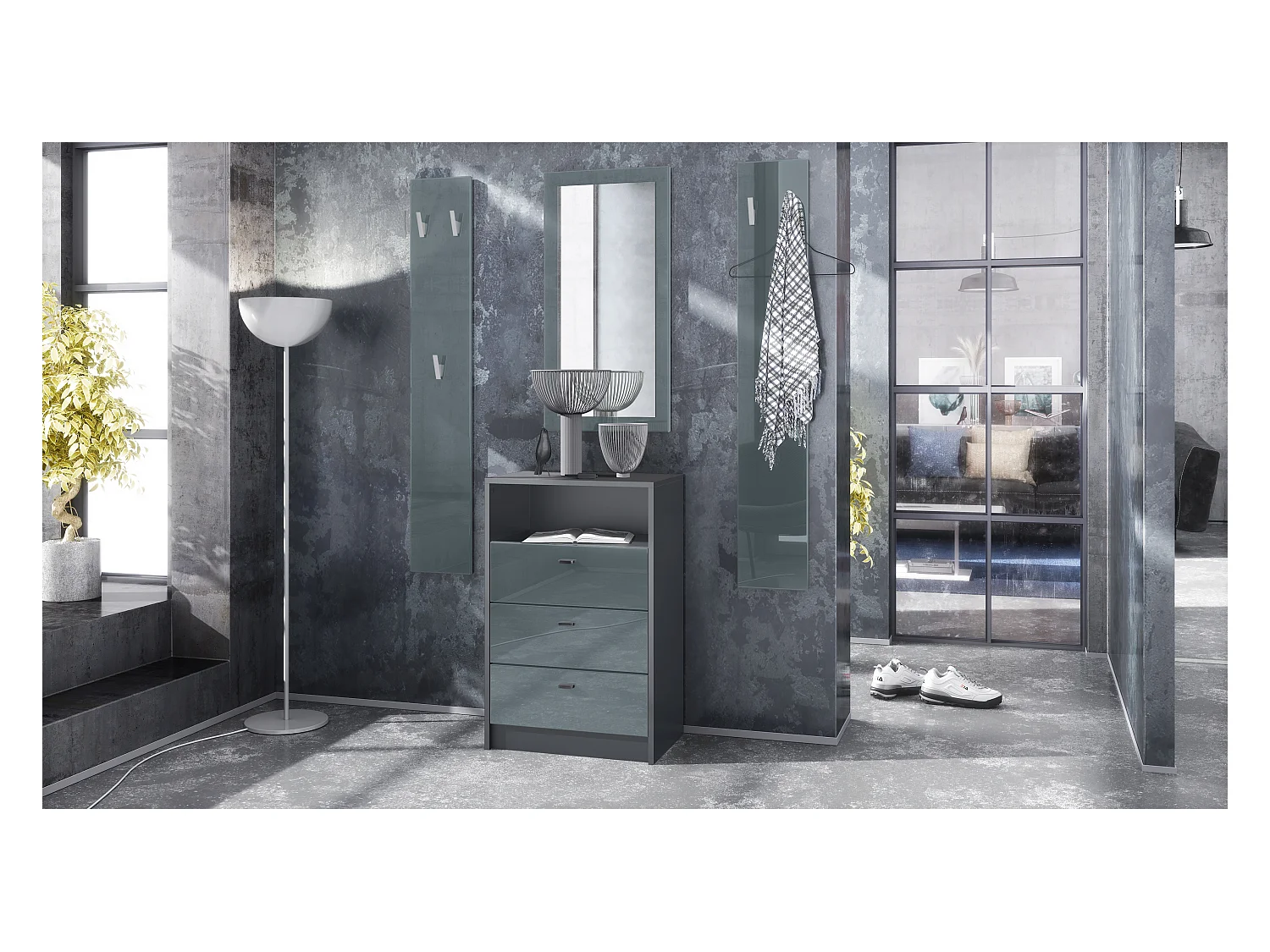 Ensemble de vestiaires Pino V2, 2 Panneaux muraux 140 cm et buffet avec 2 tiroirs & 1 compartiment ouvert, anthracite mat/gris brillant (56 x 67,5 x 36 cm)