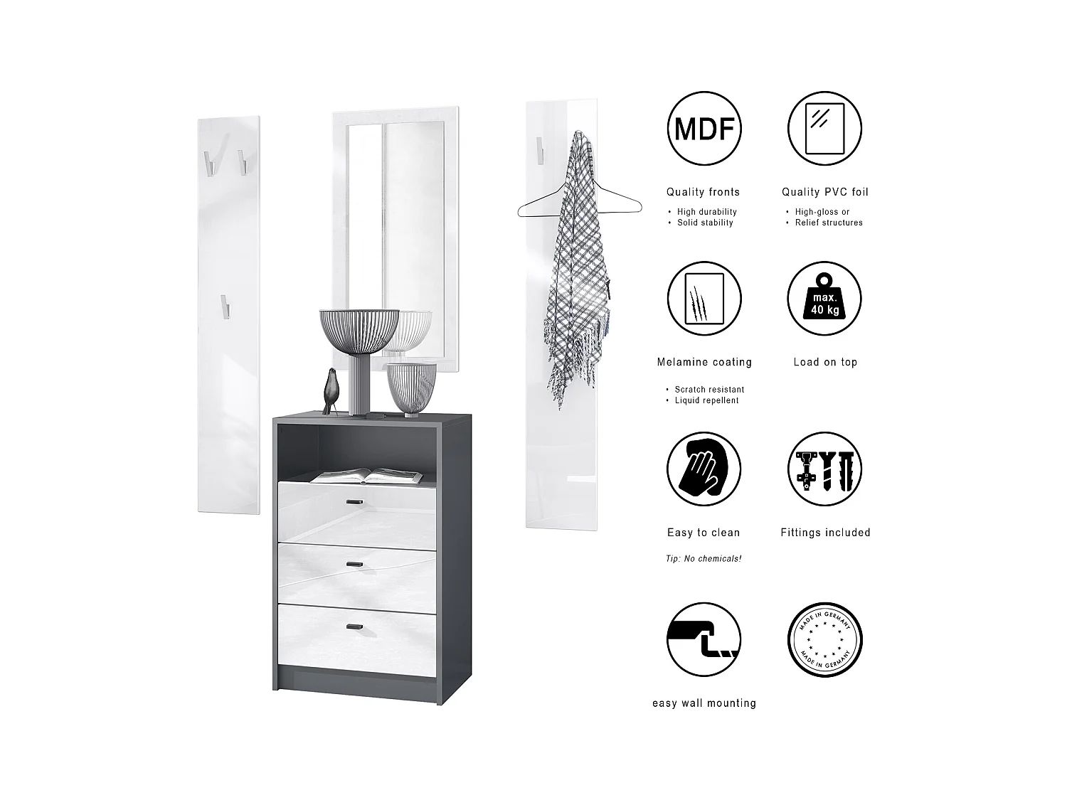 Ensemble de vestiaires Pino V2, 2 Panneaux muraux 140 cm et buffet avec 2 tiroirs & 1 compartiment ouvert, anthracite mat/gris brillant (56 x 67,5 x 36 cm)