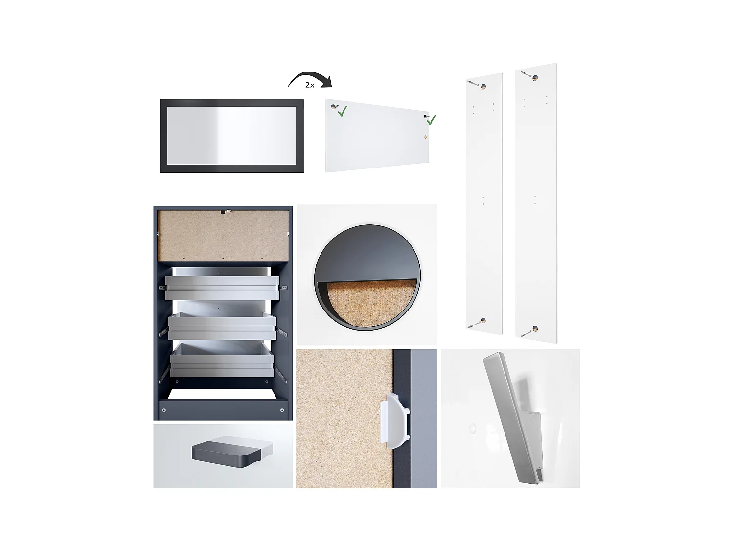 Ensemble de vestiaires Pino V2, 2 Panneaux muraux 140 cm et buffet avec 2 tiroirs & 1 compartiment ouvert, anthracite mat/gris brillant (56 x 67,5 x 36 cm)