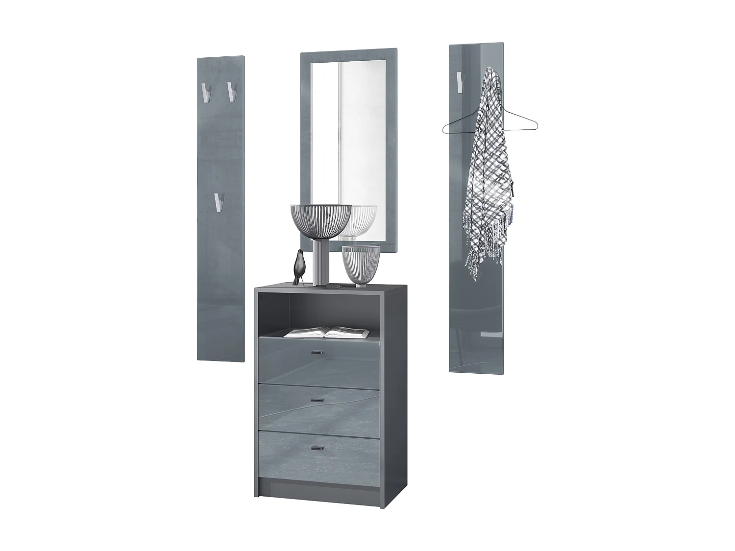 Ensemble de vestiaires Pino V2, 2 Panneaux muraux 140 cm et buffet avec 2 tiroirs & 1 compartiment ouvert, anthracite mat/gris brillant (56 x 67,5 x 36 cm)