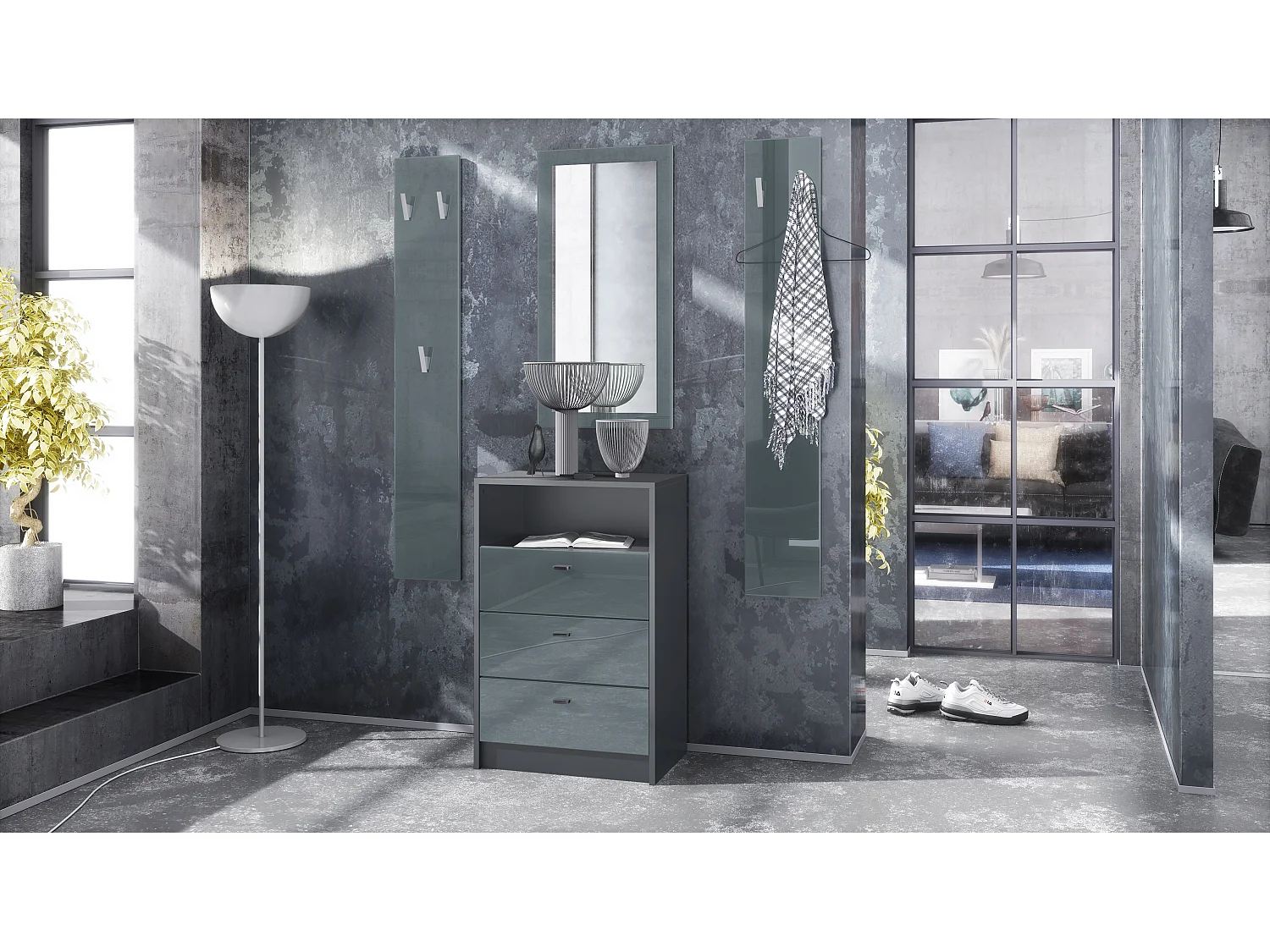 Ensemble de vestiaires Pino V2, 2 Panneaux muraux 140 cm et buffet avec 2 tiroirs & 1 compartiment ouvert, anthracite mat/gris brillant (56 x 67,5 x 36 cm)