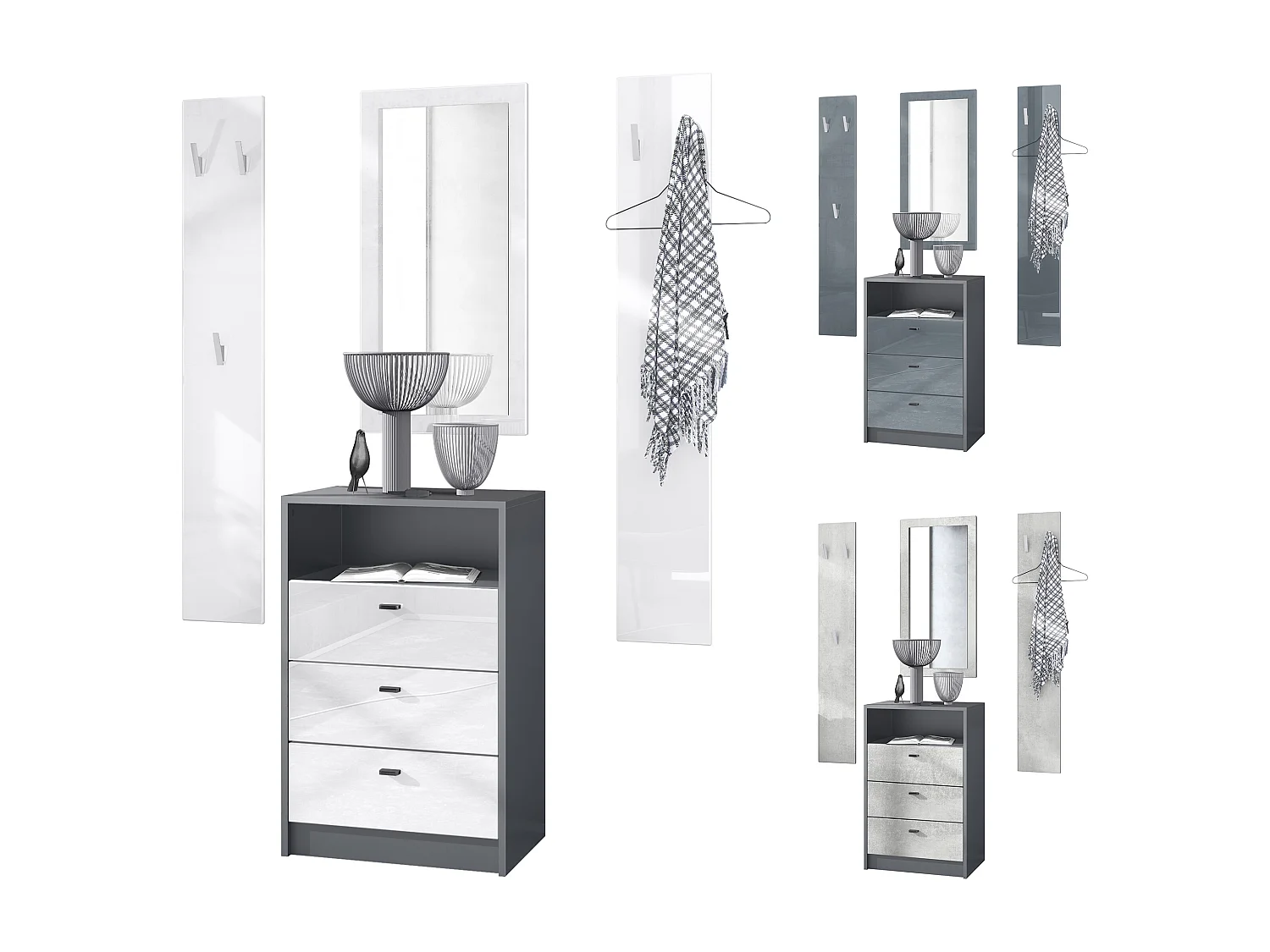 Ensemble de vestiaires Pino V2, 2 Panneaux muraux 140 cm et buffet avec 2 tiroirs & 1 compartiment ouvert, anthracite mat/gris brillant (56 x 67,5 x 36 cm)
