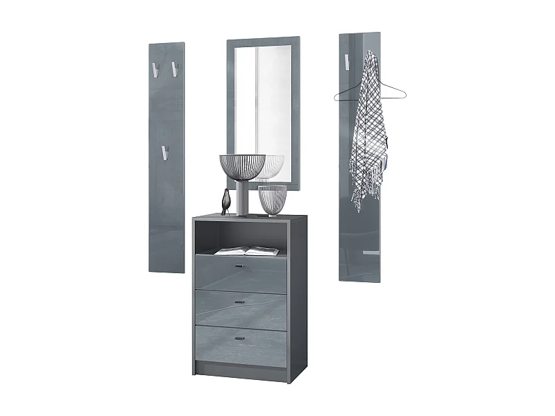 Ensemble de vestiaires Pino V2, 2 Panneaux muraux 140 cm et buffet avec 2 tiroirs & 1 compartiment ouvert, anthracite mat/gris brillant (56 x 67,5 x 36 cm)