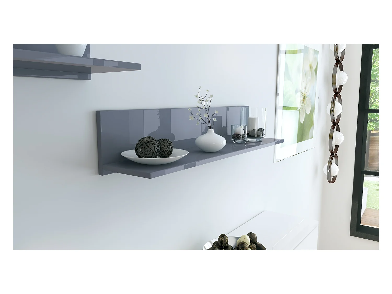 Étagère murale Skadu, Tablette murale avec surface de rangement, gris haute brillance (97,5 x 18,5 x 18,5 cm)