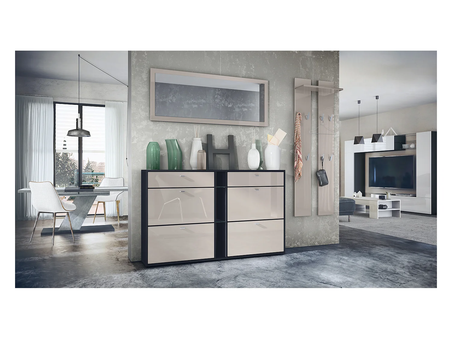 Ensemble vestiaire Orlando avec armoire à chaussures, panneau mural et miroir mural, noir mat/gris sable haute brillance