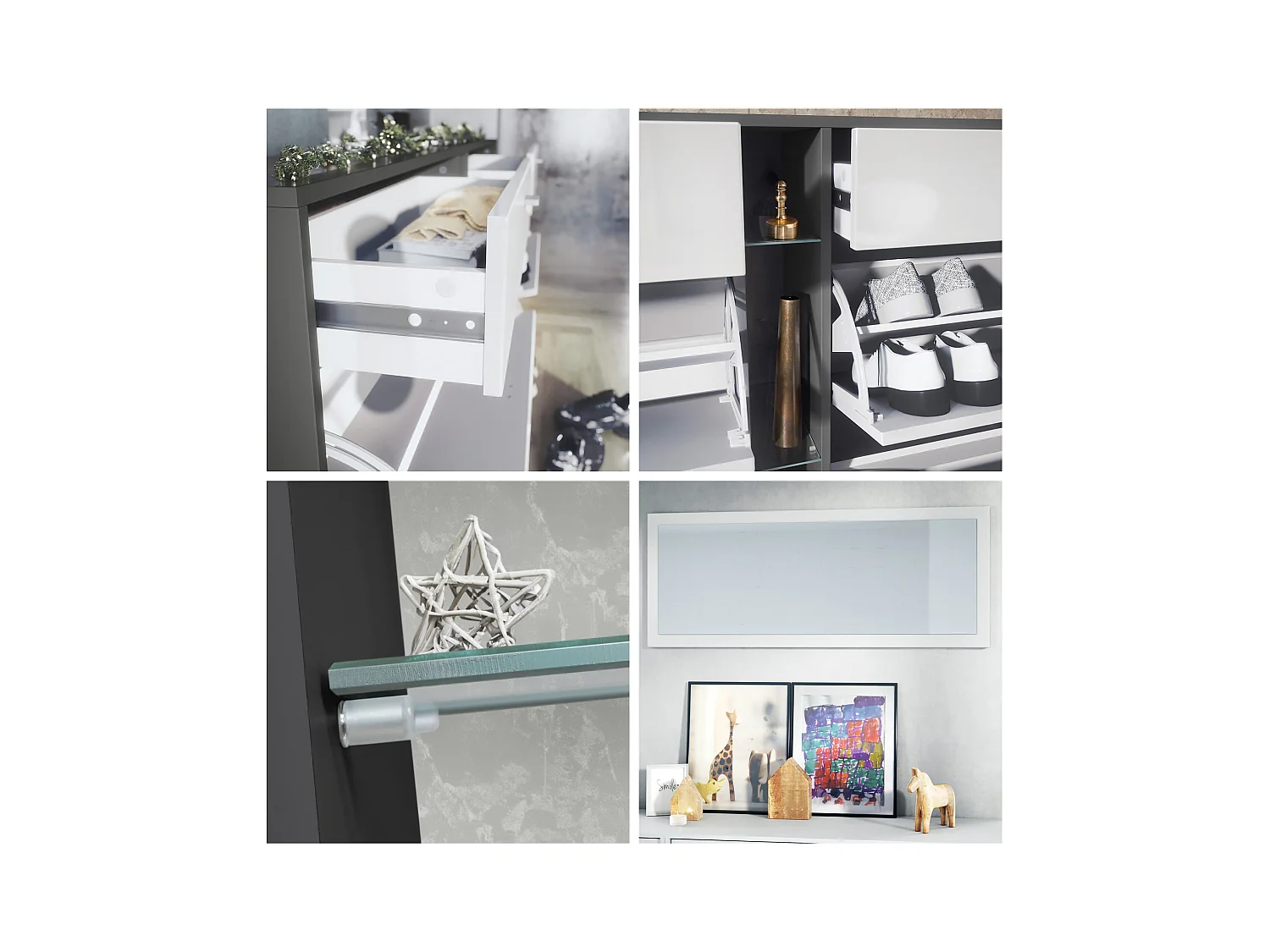 Ensemble vestiaire Orlando avec armoire à chaussures, panneau mural et miroir mural, noir mat/gris sable haute brillance