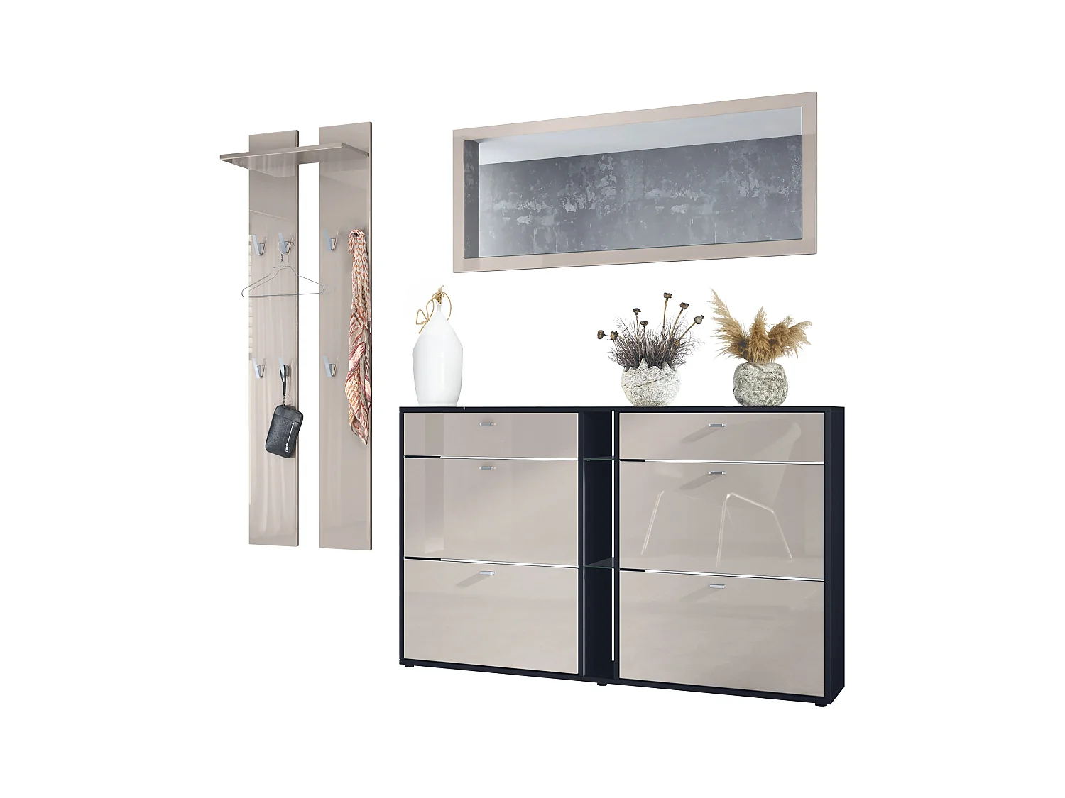 Ensemble vestiaire Orlando avec armoire à chaussures, panneau mural et miroir mural, noir mat/gris sable haute brillance