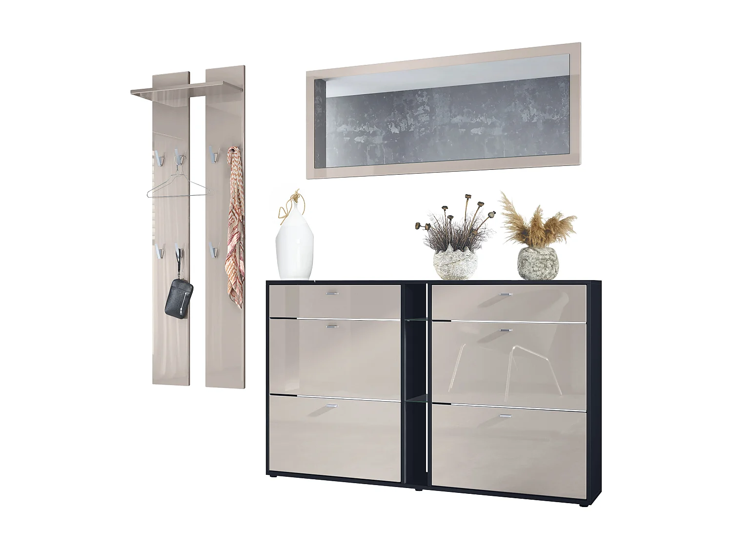 Ensemble vestiaire Orlando avec armoire à chaussures, panneau mural et miroir mural, noir mat/gris sable haute brillance