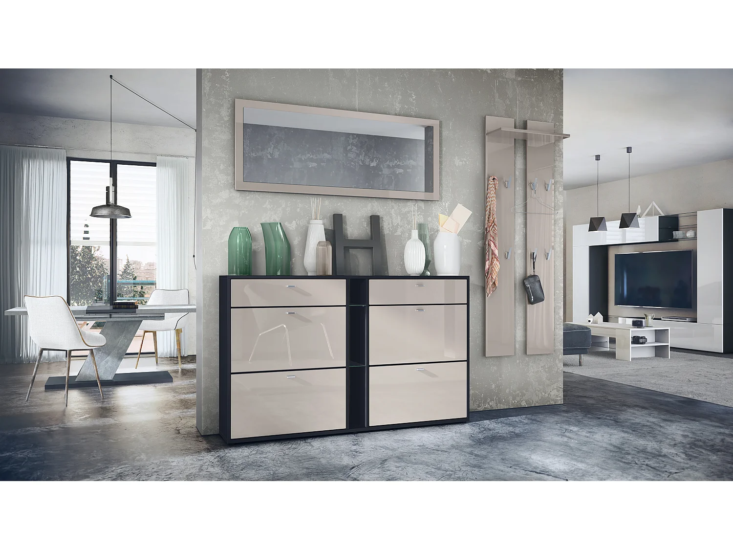 Ensemble vestiaire Orlando avec armoire à chaussures, panneau mural et miroir mural, noir mat/gris sable haute brillance