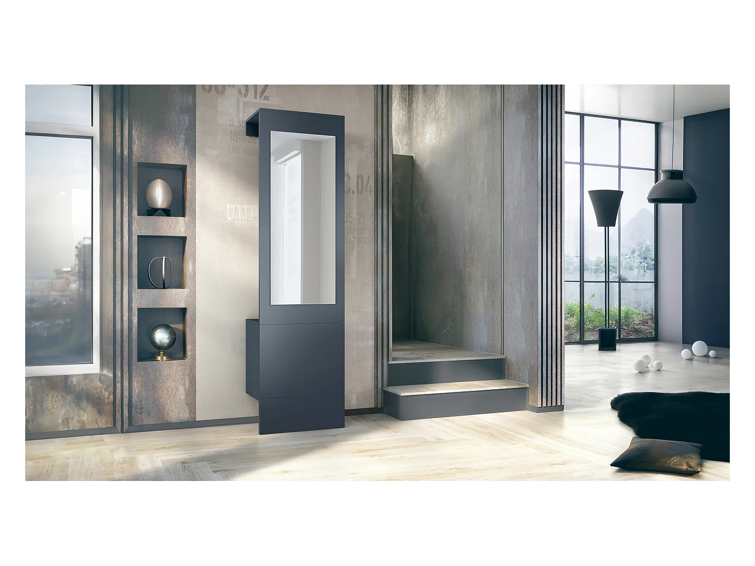 Armario Carlton Neo, Perchero de pared con panel de vestíbulo, espejo, barra para ropa y armario de pared, Azul real (52 x 193 x 35 cm)