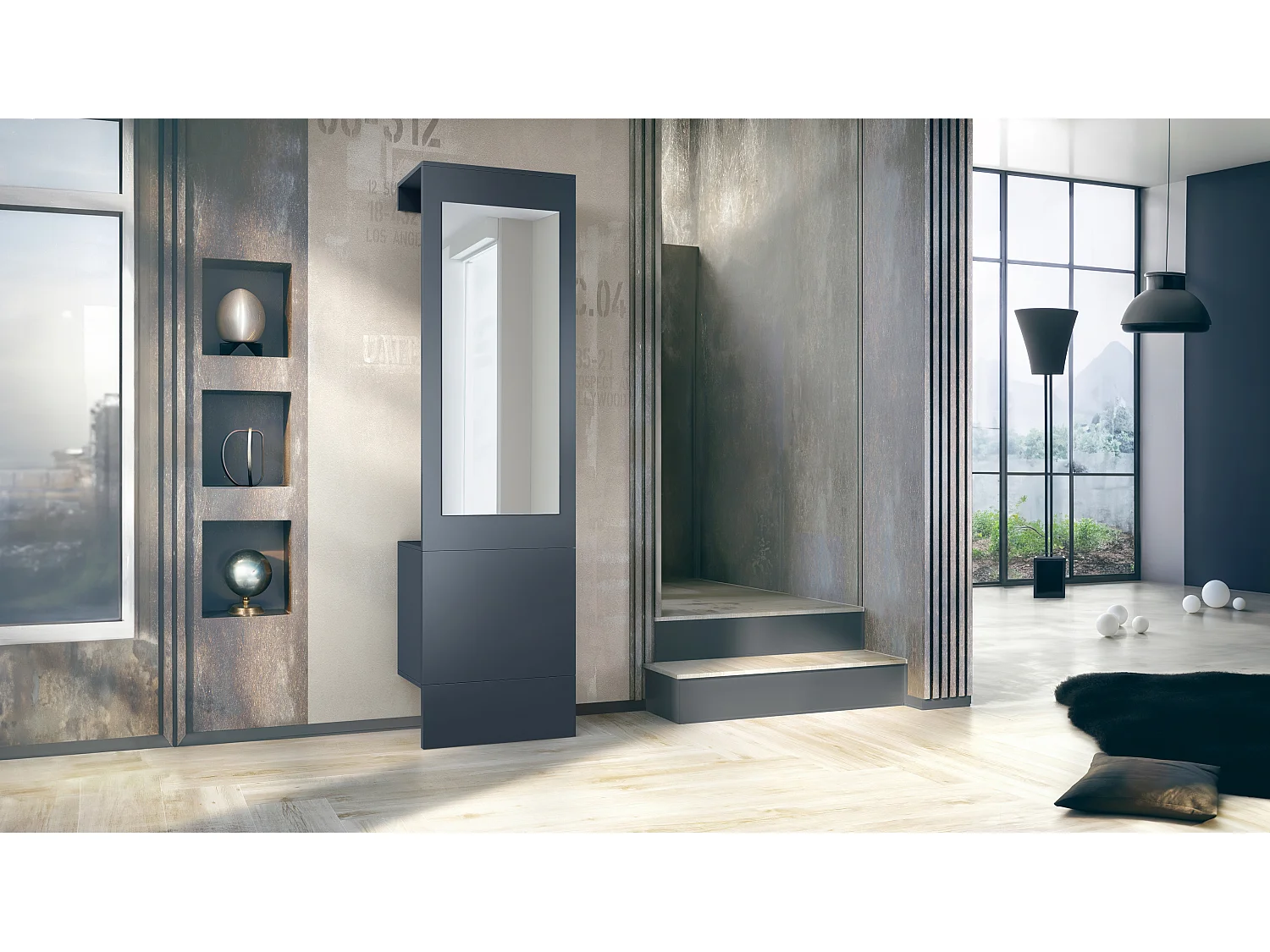 Garde-robe Carlton Neo, Porte-manteau mural avec panneau d'entrée, miroir, tringle à vêtements et armoire murale, Bleu royal (52 x 193 x 35 cm)