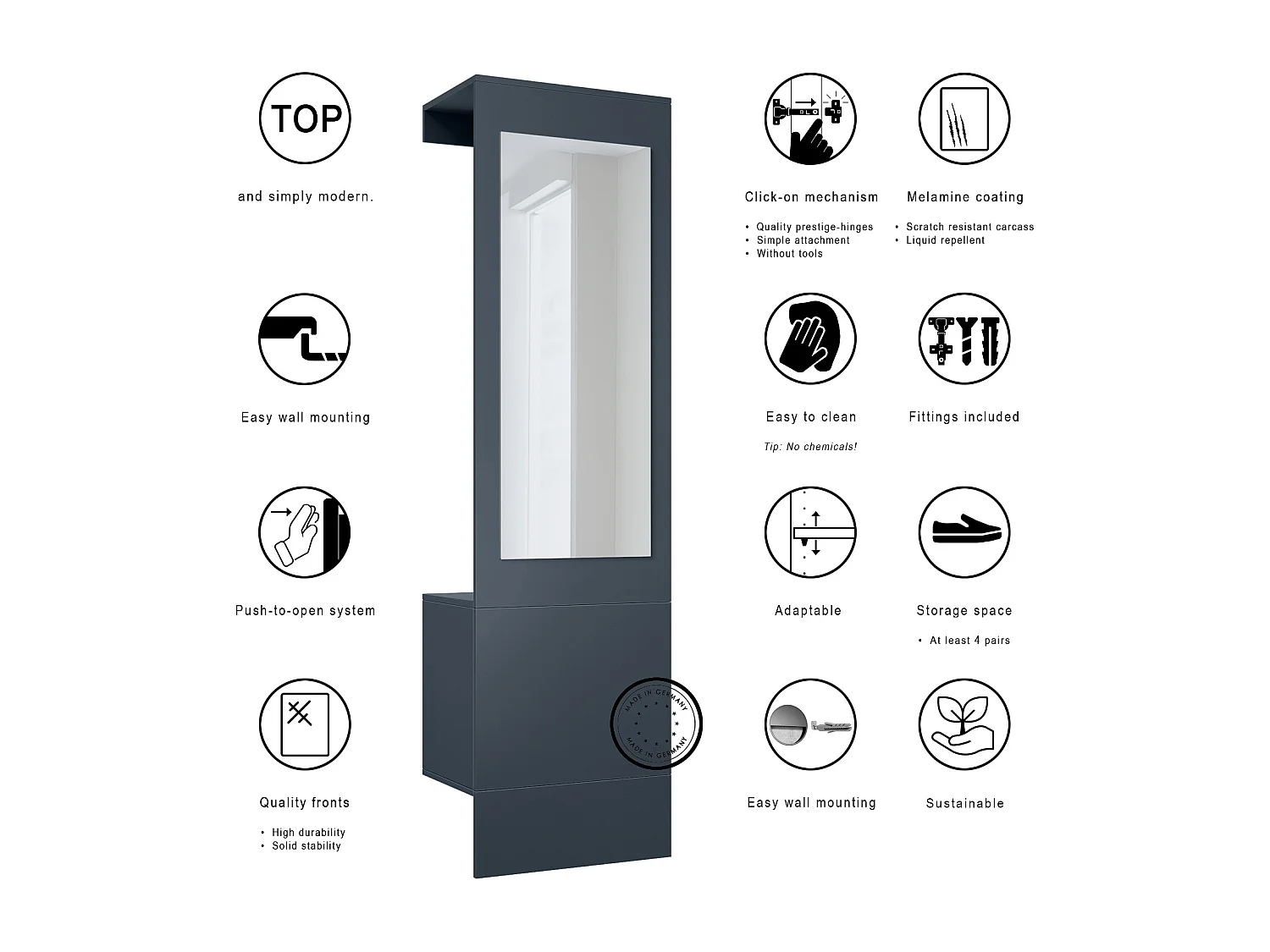 Garde-robe Carlton Neo, Porte-manteau mural avec panneau d'entrée, miroir, tringle à vêtements et armoire murale, Bleu royal (52 x 193 x 35 cm)