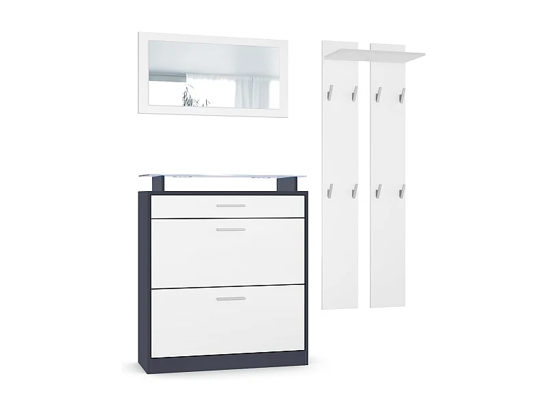 Vladon Conjunto de guardarropa Loret Mini, zapatero 89 x 101 x 23 cm, incluido espejo, 2 paneles de pared, e iluminación LED en blanco, antracita mate y Blanco mate
