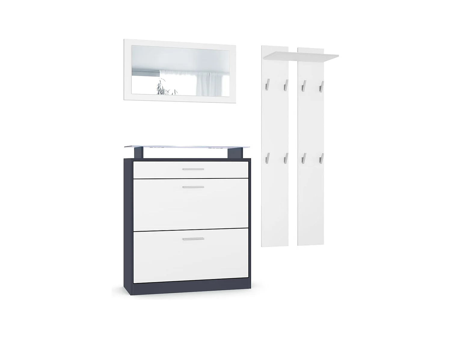 Loret Ensemble penderie, meuble à chaussures 89 x 104 x 23 cm avec miroir, 2 panneaux murales et éclairage LED Blanc, Anthracite mat & Blanc mat