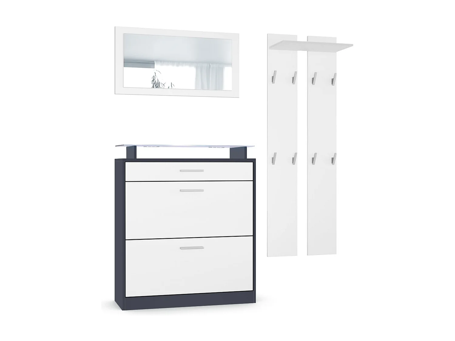 Vladon Conjunto de guardarropa Loret Mini, zapatero 89 x 101 x 23 cm, incluido espejo, 2 paneles de pared, e iluminación LED en blanco, antracita mate y Blanco mate