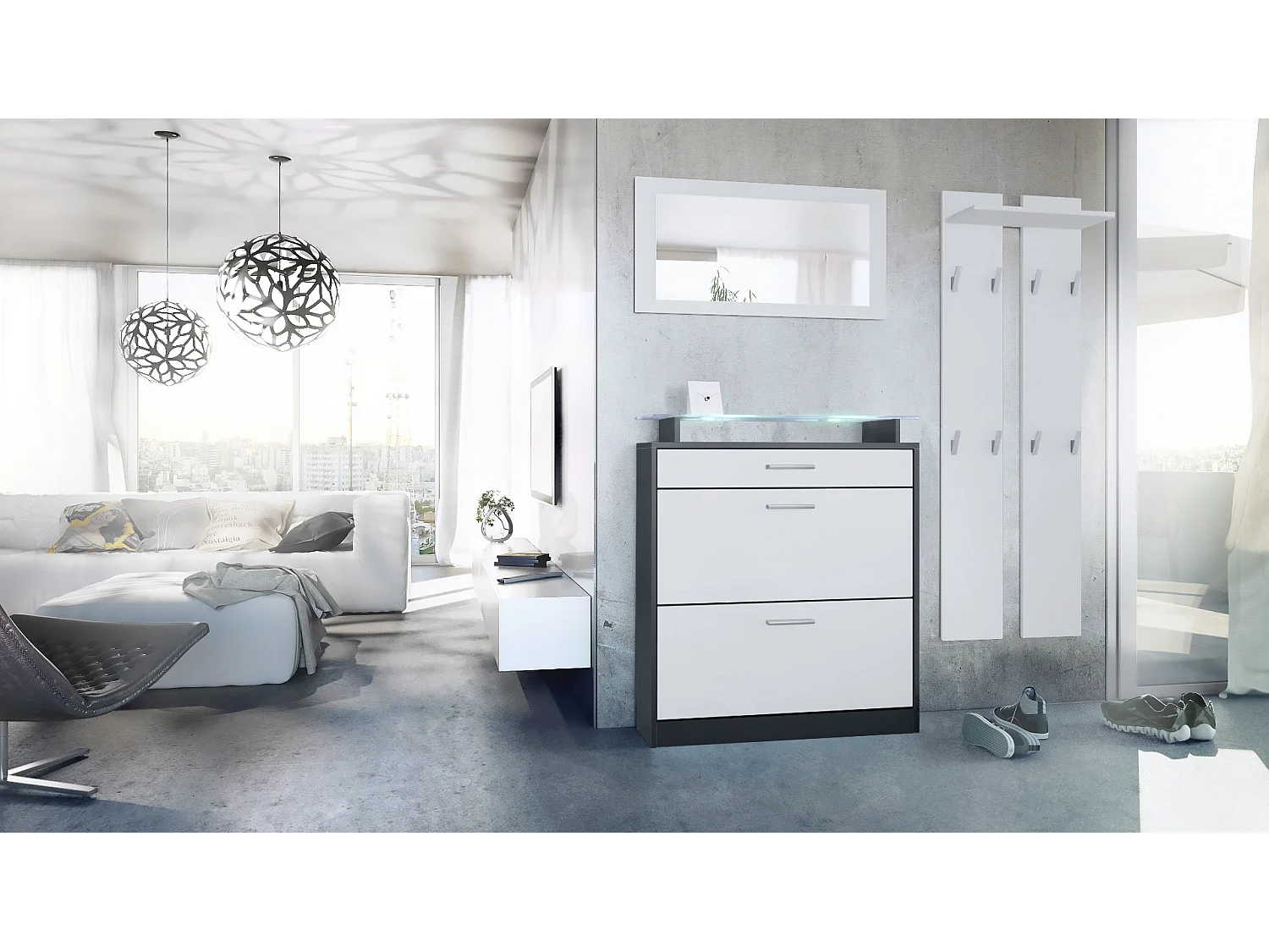 Vladon Conjunto de guardarropa Loret Mini, zapatero 89 x 101 x 23 cm, incluido espejo, 2 paneles de pared, e iluminación LED en blanco, antracita mate y Blanco mate