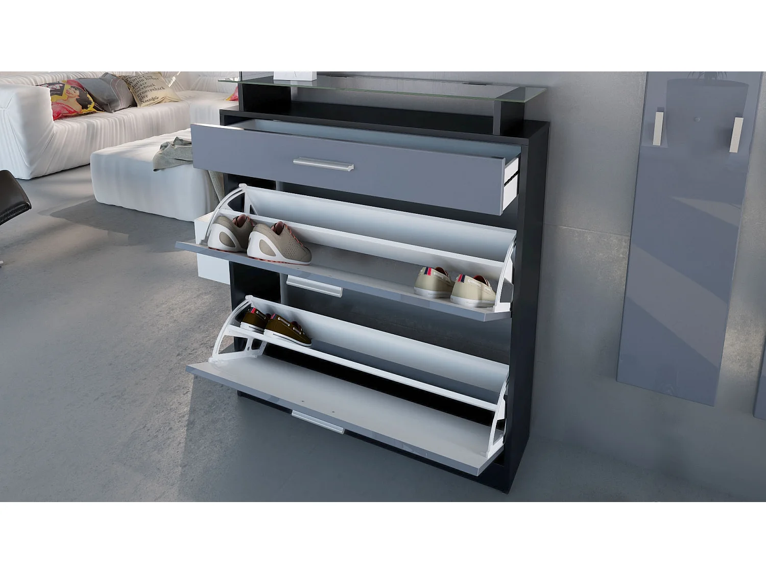 Vladon Conjunto de guardarropa Loret Mini, zapatero 89 x 101 x 23 cm, incluido espejo, 2 paneles de pared, e iluminación LED en blanco, antracita mate y Blanco mate