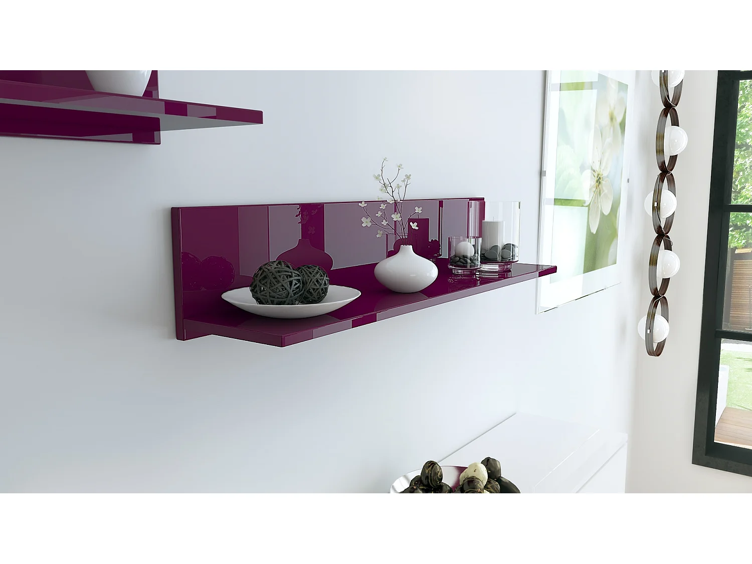 Étagère murale Skadu, Tablette murale avec surface de rangement, mûre haute brillance (97,5 x 18,5 x 18,5 cm)