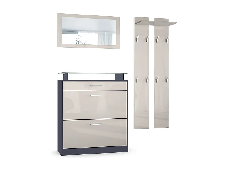 Vladon Conjunto de guardarropa Loret Mini, zapatero 89 x 101 x 23 cm, incluido espejo, 2 paneles de pared, antracita mate y Gris arena de alto brillo