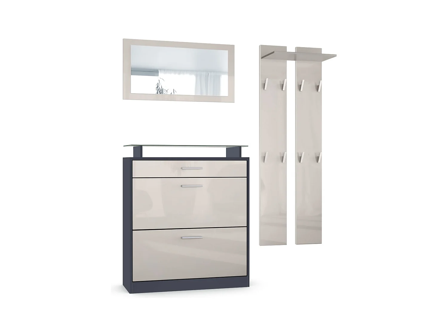 Loret Ensemble penderie, meuble à chaussures 89 x 104 x 23 cm avec miroir, 2 panneaux murales, Anthracite mat & Gris sable haute brillance