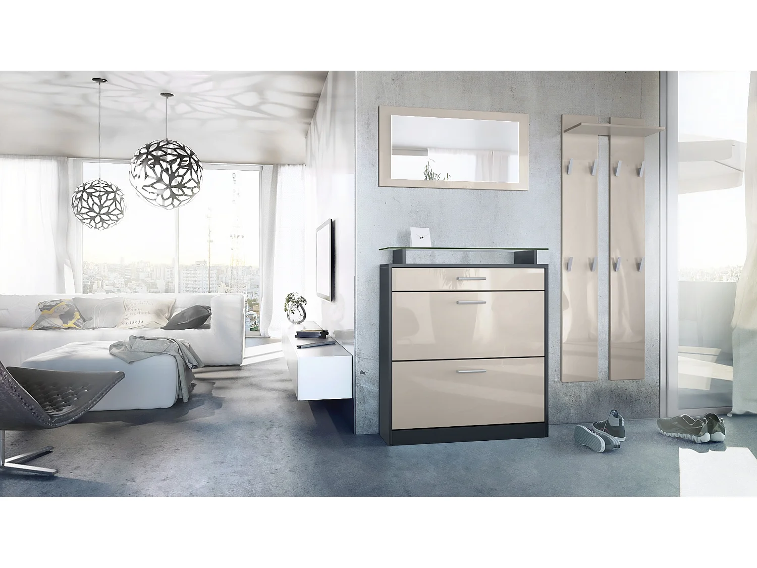 Loret Ensemble penderie, meuble à chaussures 89 x 104 x 23 cm avec miroir, 2 panneaux murales, Anthracite mat & Gris sable haute brillance