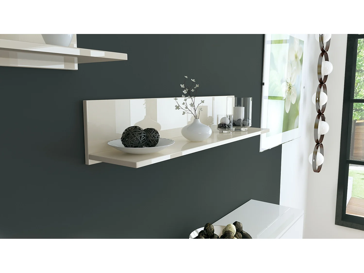 Scaffale a parete  Skadu, scaffale galleggiante con pratica superficie d'appoggio, beige lucido (97,5 x 18,5 x 18,5 cm)