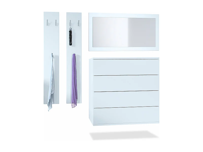 Conjunto de armario Vladon Hollywood, que consta de 1 cómoda con 4 cajones, 1 espejo y 1 juego de paneles de pared, blanco mate/blanco mate.