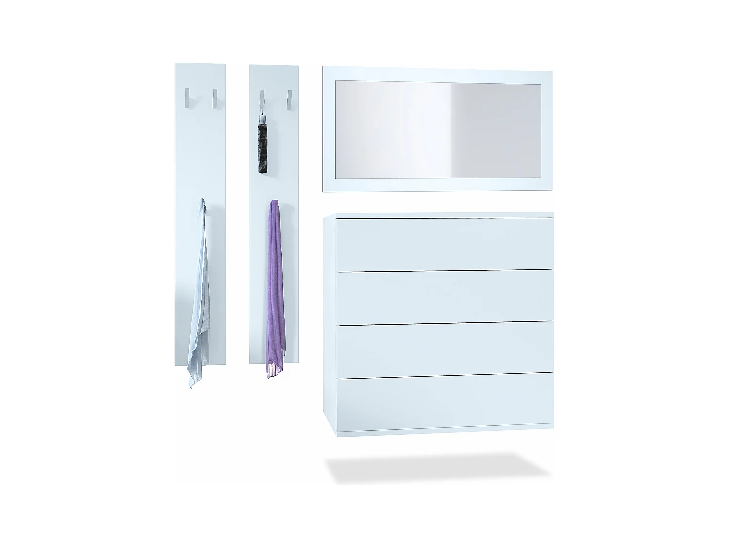 Ensemble de dressing  Hollywood, composé de 1 commode avec 4 tiroirs, 1 miroir et 1 ensemble de panneaux muraux, blanc mat/blanc mat.