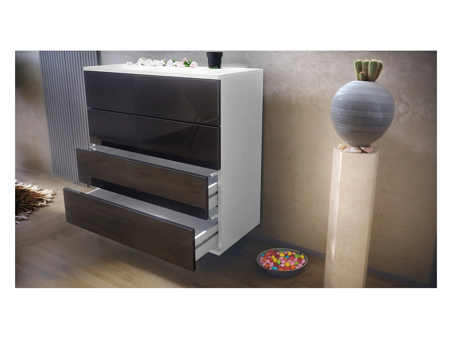 Ensemble de dressing  Hollywood, composé de 1 commode avec 4 tiroirs, 1 miroir et 1 ensemble de panneaux muraux, blanc mat/blanc mat.