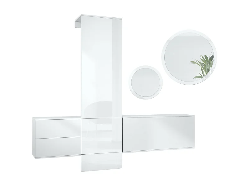 Ensemble de garde-robe  DualVista, composé de 1 panneau de porte-manteau, 1 armoire à tiroirs, 1 module de rangement et 2 miroirs, blanc mat/Blanc brillant