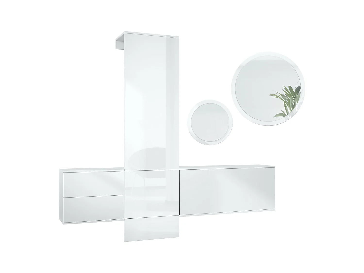 Ensemble de garde-robe  DualVista, composé de 1 panneau de porte-manteau, 1 armoire à tiroirs, 1 module de rangement et 2 miroirs, blanc mat/Blanc brillant