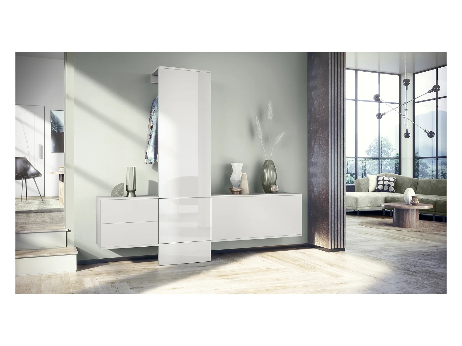 Ensemble de garde-robe  DualVista, composé de 1 panneau de porte-manteau, 1 armoire à tiroirs, 1 module de rangement et 2 miroirs, blanc mat/Blanc brillant
