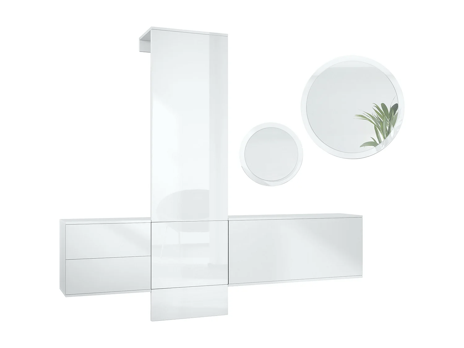 Ensemble de garde-robe  DualVista, composé de 1 panneau de porte-manteau, 1 armoire à tiroirs, 1 module de rangement et 2 miroirs, blanc mat/Blanc brillant