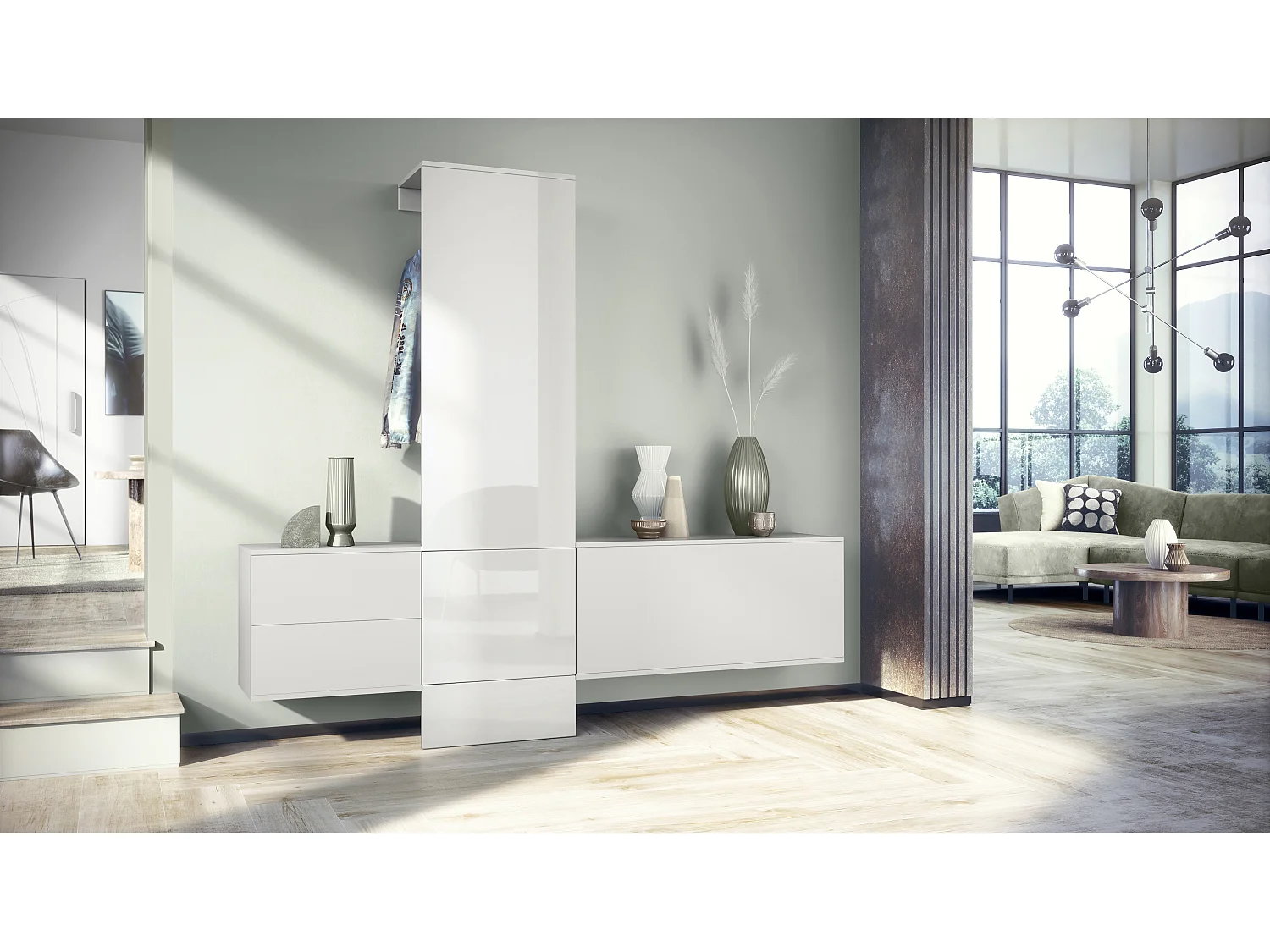 Ensemble de garde-robe  DualVista, composé de 1 panneau de porte-manteau, 1 armoire à tiroirs, 1 module de rangement et 2 miroirs, blanc mat/Blanc brillant