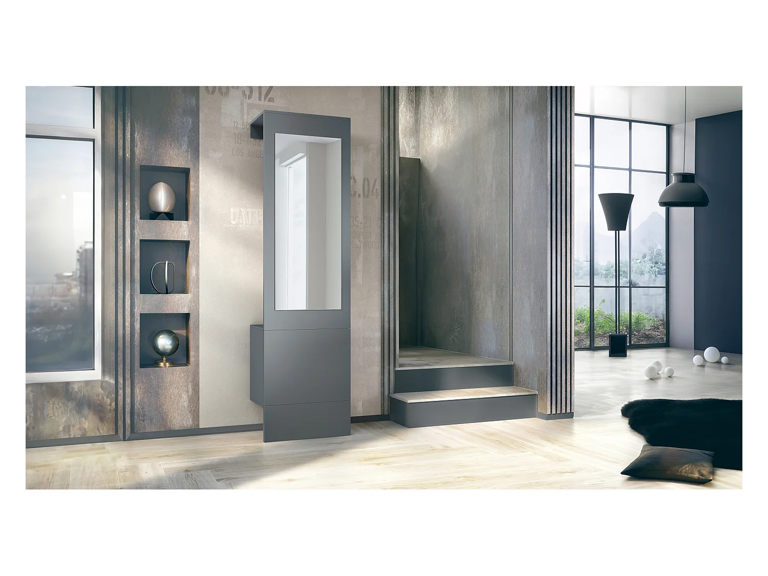 Garde-robe Carlton Neo, Porte-manteau mural avec panneau d'entrée, miroir, tringle à vêtements et armoire murale, anthracite mat (52 x 193 x 35 cm)