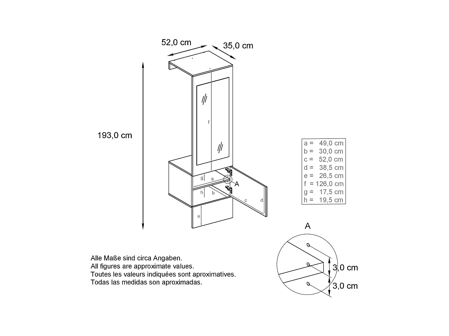 Garde-robe Carlton Neo, Porte-manteau mural avec panneau d'entrée, miroir, tringle à vêtements et armoire murale, anthracite mat (52 x 193 x 35 cm)