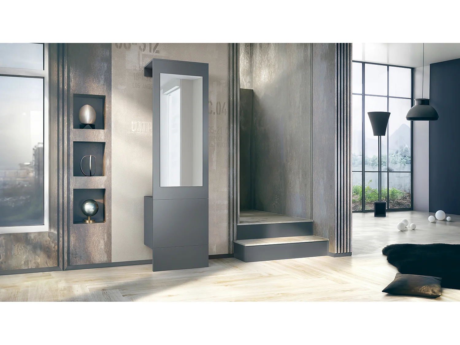 Garde-robe Carlton Neo, Porte-manteau mural avec panneau d'entrée, miroir, tringle à vêtements et armoire murale, anthracite mat (52 x 193 x 35 cm)