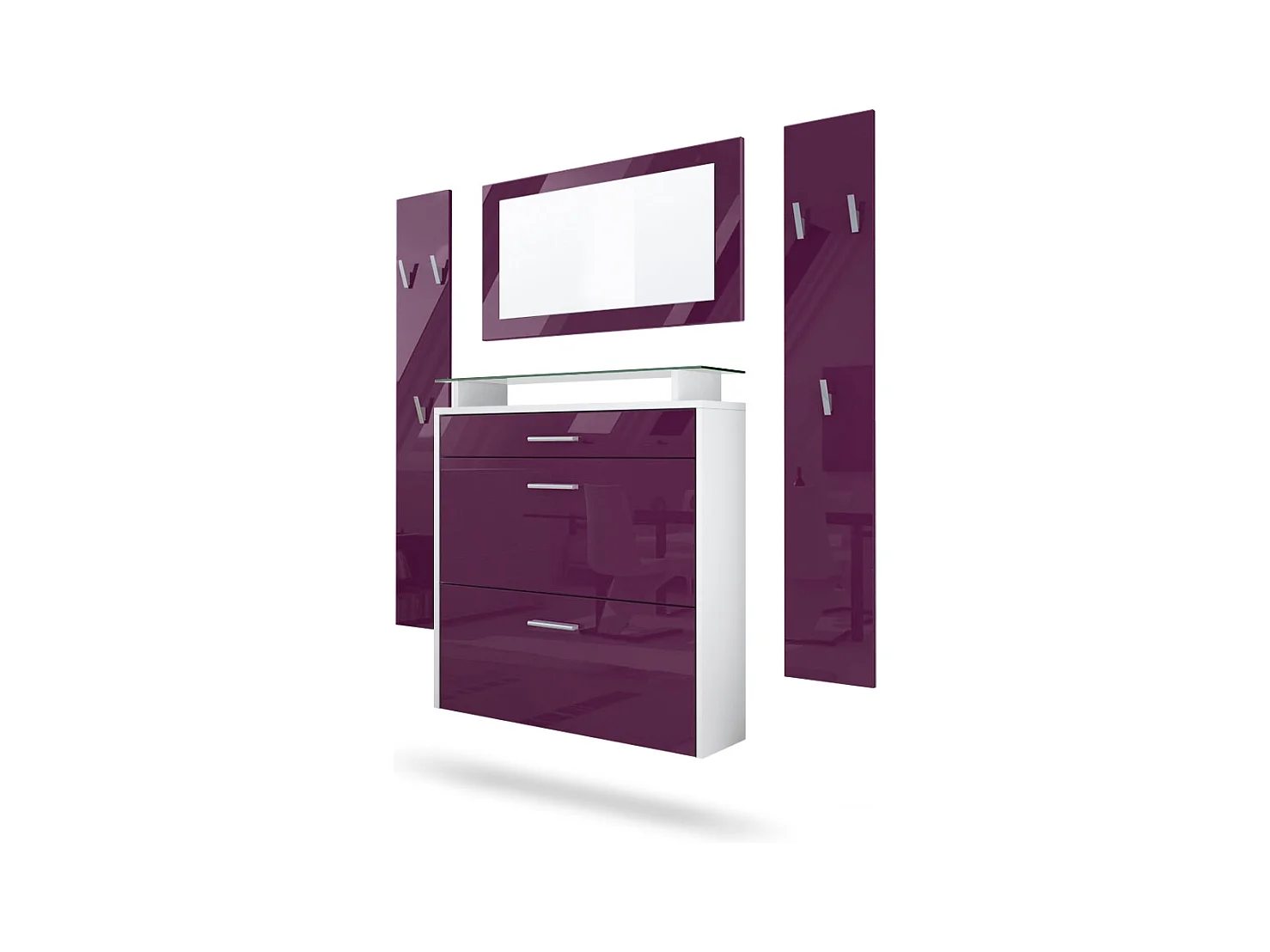 Penderie Malea, Meuble d’entrée comprenant 1 commode à chaussures murale, 1 miroir mural et 2 panneaux porte-manteaux, Blanc mat/Mûre haute brillance