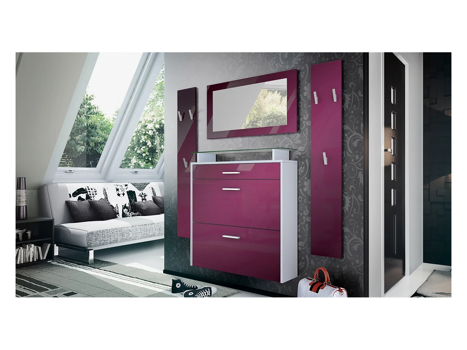 Penderie Malea, Meuble d’entrée comprenant 1 commode à chaussures murale, 1 miroir mural et 2 panneaux porte-manteaux, Blanc mat/Mûre haute brillance